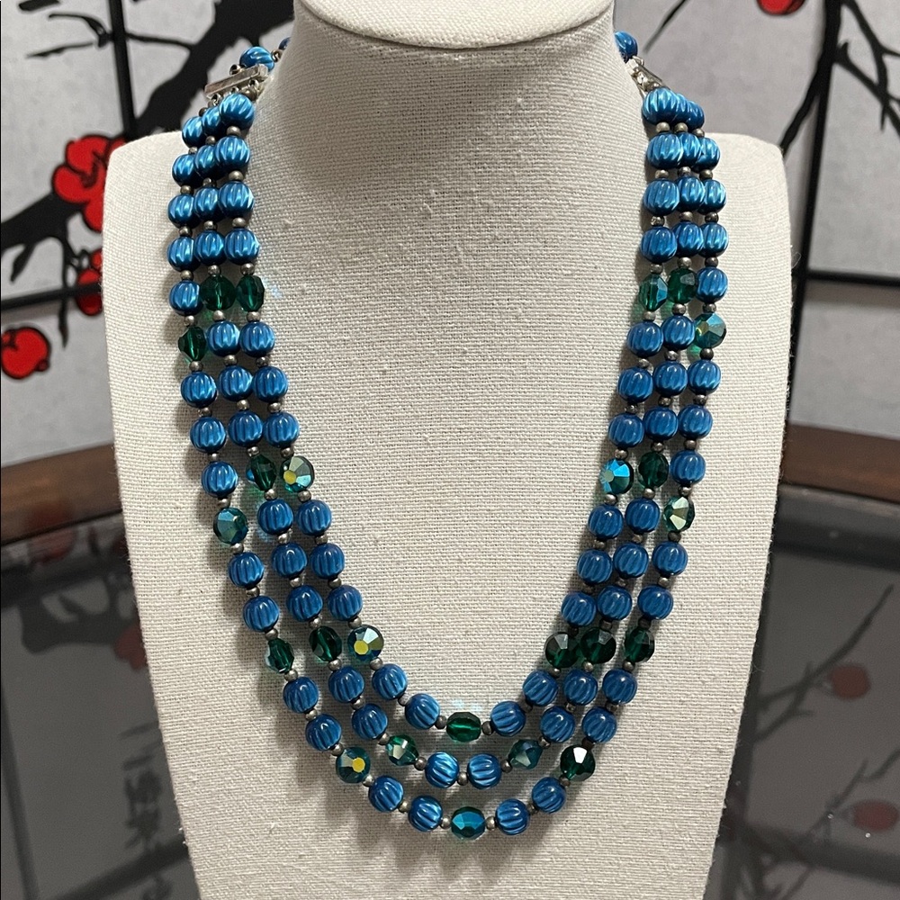 Blue & Green Triple Strand Beaded Necklace